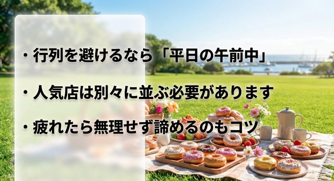 行列を避けるなら平日の午前中。人気店は別々に並ぶ必要があり、疲れたら無理せず諦めるのもコツ。