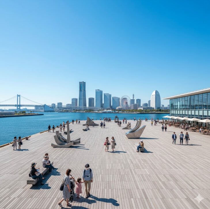 晴れた日の横浜ティンバーワーフの広大なウッドデッキと、そこから一望できる横浜港のパノラマ絶景
