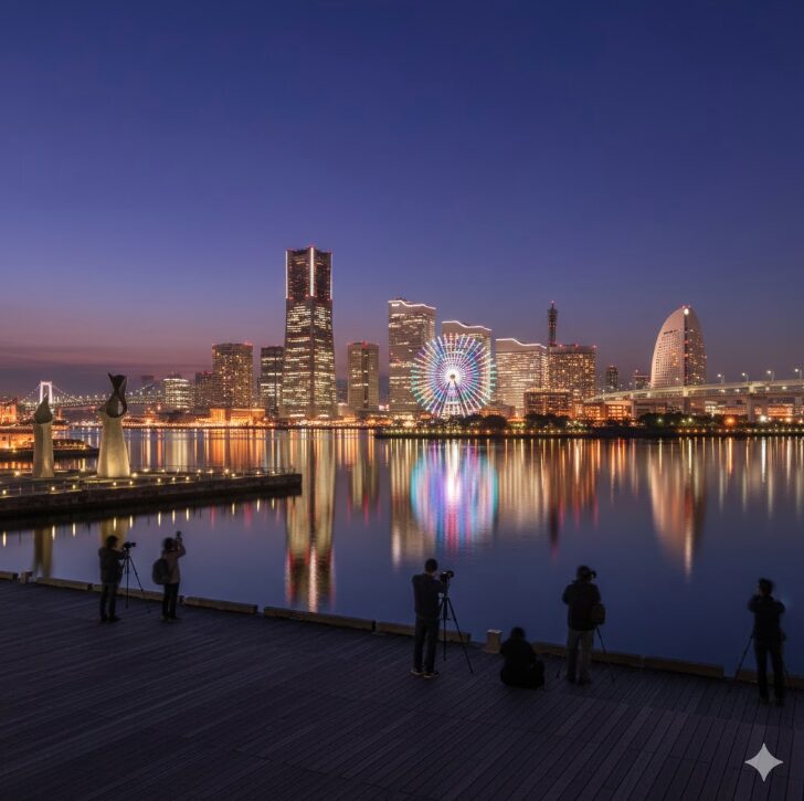 横浜ティンバーワーフから望む、観覧車やビル群が水面に反射する幻想的なみなとみらいの夜景。