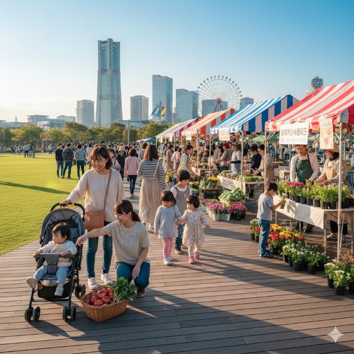 横浜ティンバーワーフの広場で開催され、多くの日本人家族連れで賑わう週末のファーマーズマーケットの様子。