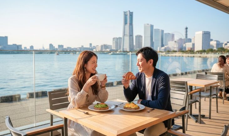 横浜ティンバーワーフの海が見えるおしゃれなカフェテラスで、くつろぎながら飲み物を楽しむ日本人カップル。
