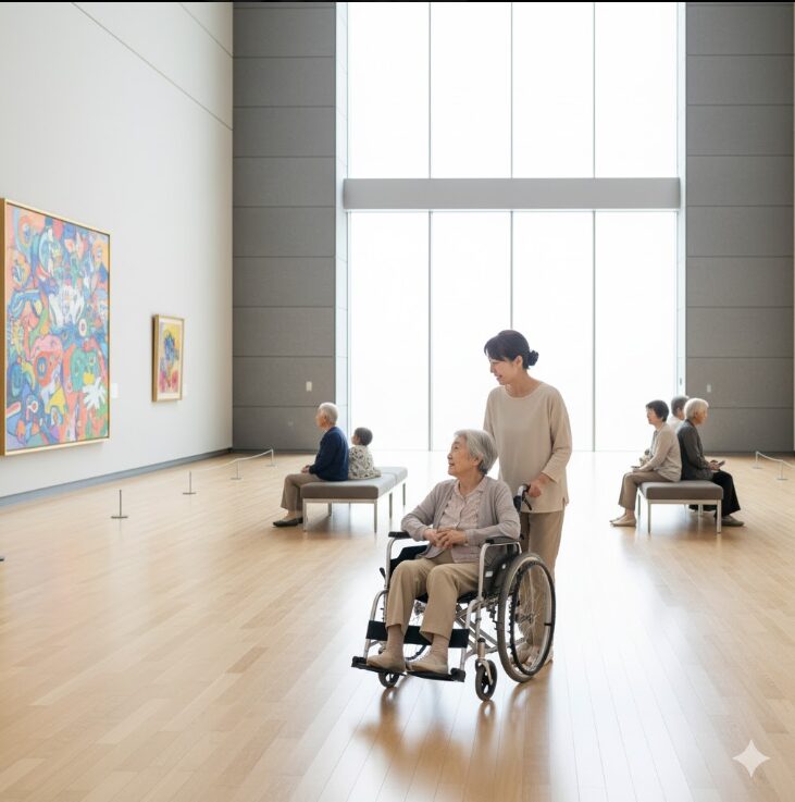横浜美術館で、日本人の介護者が車椅子に乗った80代の高齢者を優しく押し、絵画を鑑賞している。