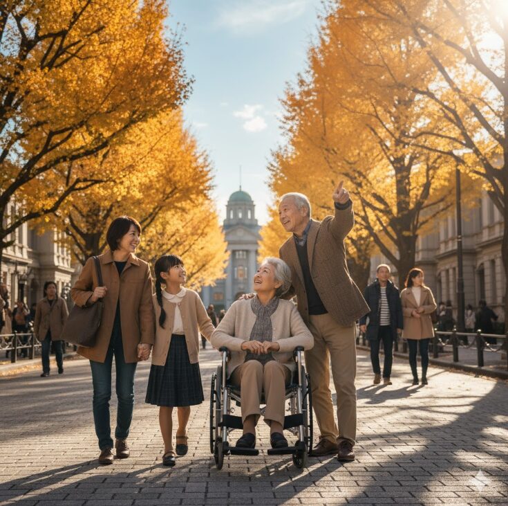 秋の日本大通りで、車椅子に乗った80代の日本人女性と、その夫、娘、孫娘が紅葉を楽しみながら散策している。