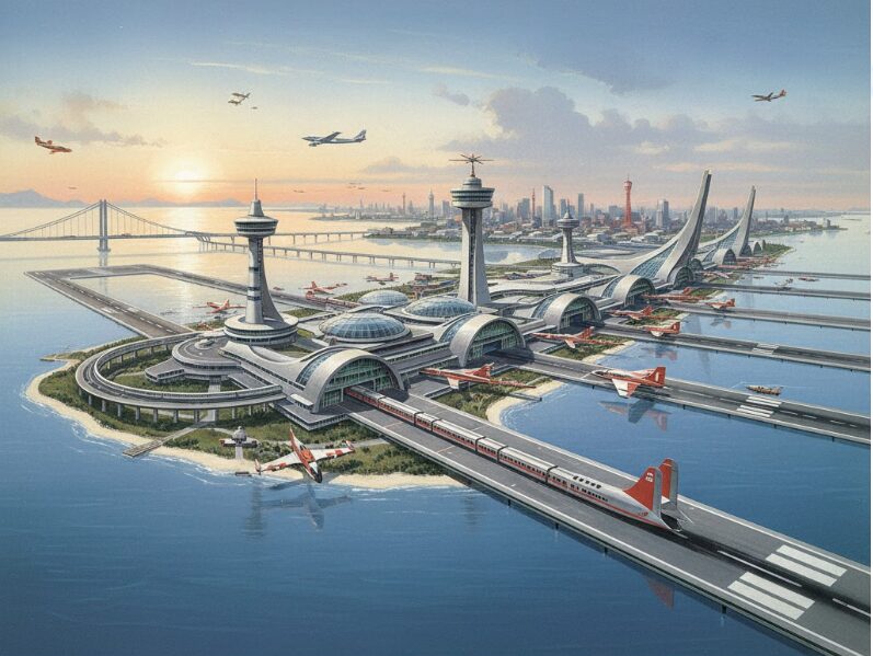 1960年代に構想された「幻の横浜国際空港」の未来的な完成予想図