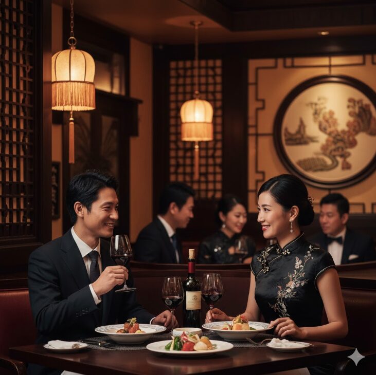 30代以上の男女がディナーデートを楽しんでいる