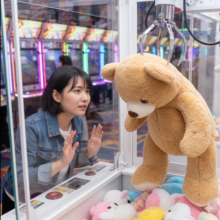 3本アームのクレーンゲームで、大きなぬいぐるみを掴んでいるものの、すぐに落としてしまいそうな瞬間。