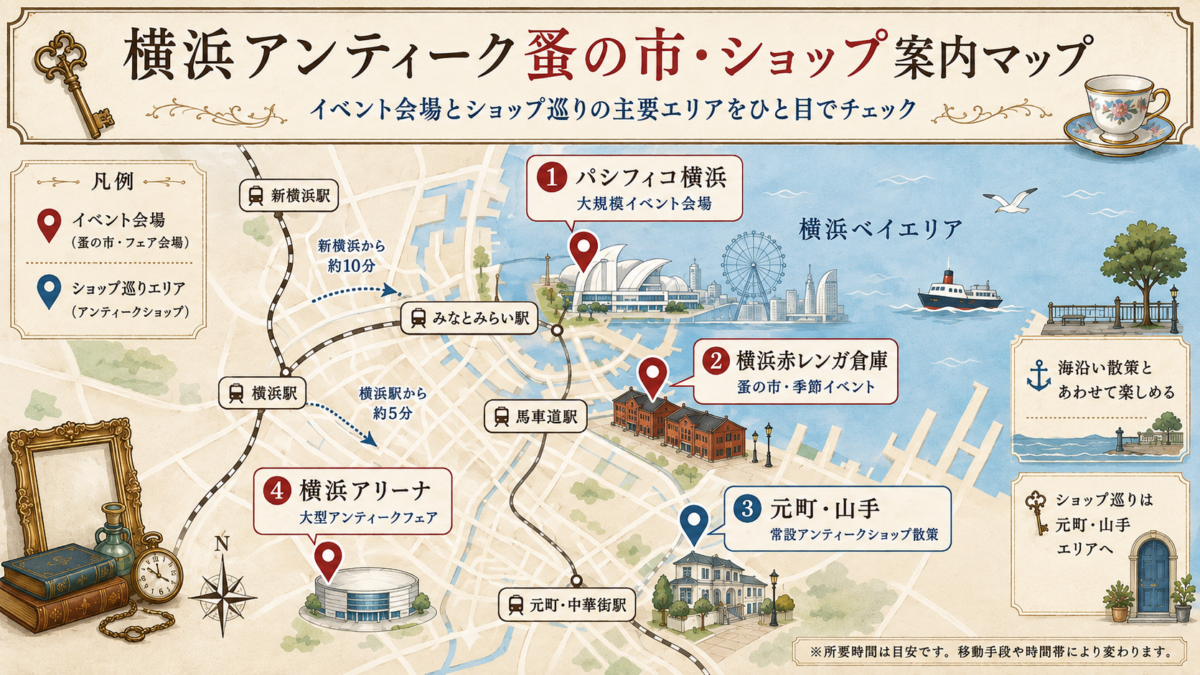 横浜のアンティーク蚤の市とショップ巡りの主要スポットをまとめた案内マップ