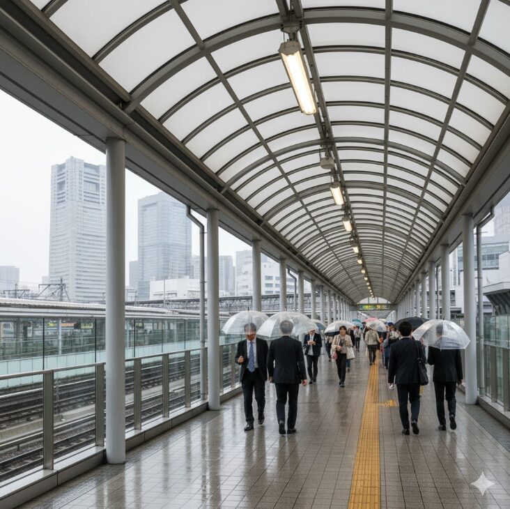 JR横浜駅「きた西口」から「はまレールウォーク」を通り、横浜フロントタワーへと向かう人々。屋根付きのデッキで雨天時も快適に移動できる様子