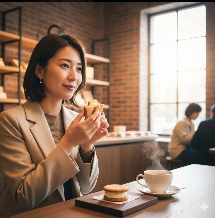 「バタークリームサンド」を美味しそうに食べる日本人の女性