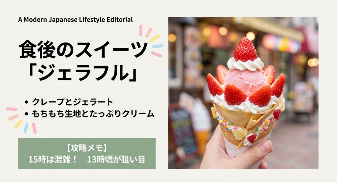 いちごをたっぷり使ったジェラフルのクレープ。食後のスイーツに人気のデザート。