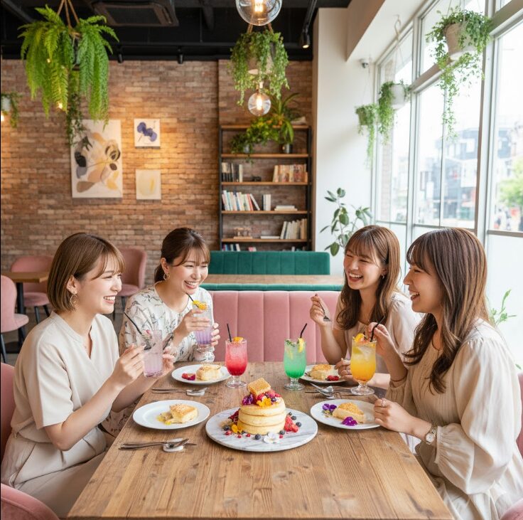 おしゃれなカフェでパンケーキやカラフルなドリンクを楽しみながら女子会をする4人の女性。
