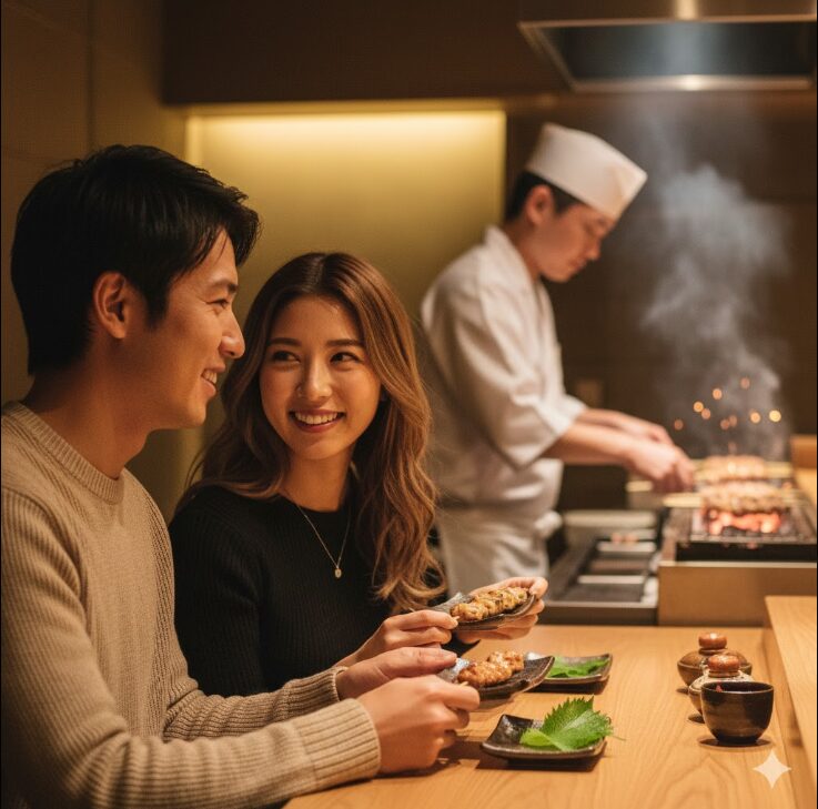 おしゃれな高級焼き鳥店のカウンターで、デートを楽しむ日本人カップル