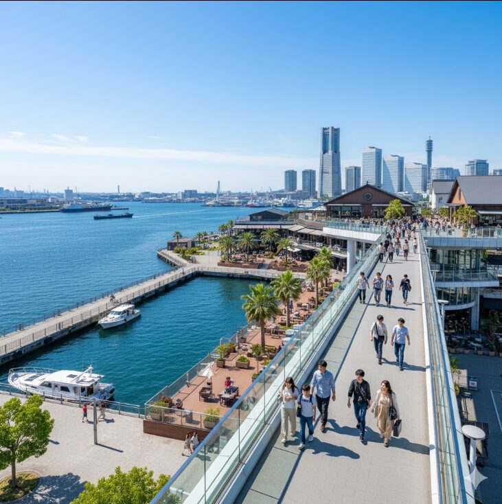 そごうからの連絡橋を渡り横浜ベイクォーターへ向かう人々