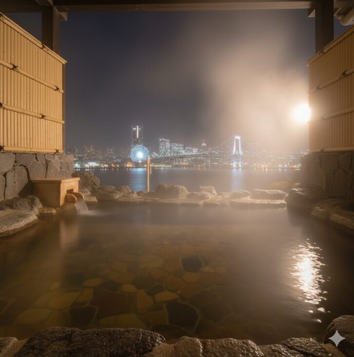 みなとみらいの景色を背景に、湯船から立ち上る湯気と、熱海・湯河原温泉の本格的な天然温泉の豊かな質感を感じる様子