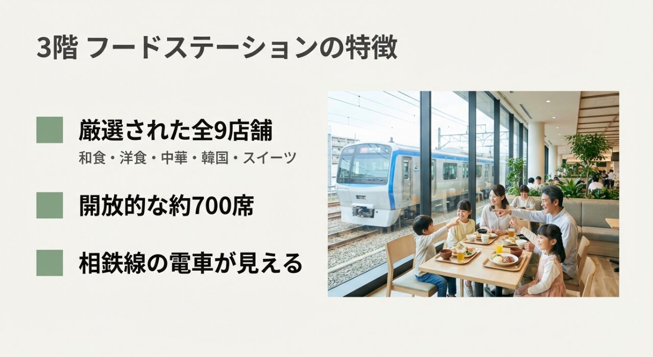 ゆめが丘ソラトス3階フードコートの様子。開放的な約700席の空間で、窓から相鉄線の電車が見える座席で家族が食事を楽しんでいる様子