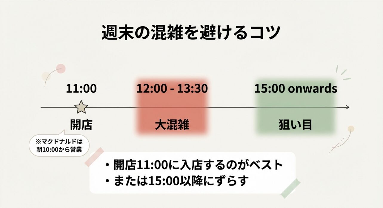 ゆめが丘ソラトスフードコートの混雑予測表。11時開店時と15時以降が狙い目で、12時から13時半は大混雑することを示す図解。