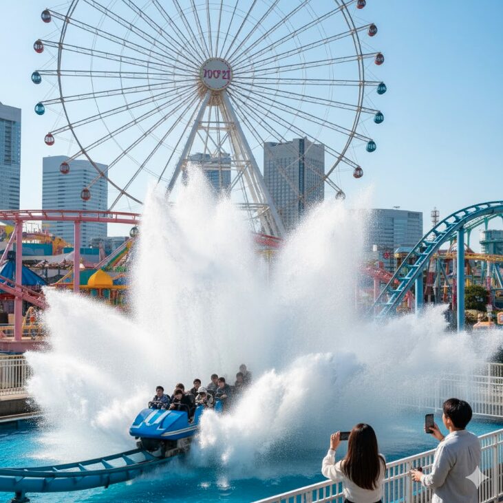 よこはまコスモワールドの人気アトラクション「ダイビングコースター バニッシュ！」が、水中に突入し大きな水しぶきを上げているスリリングな瞬間。