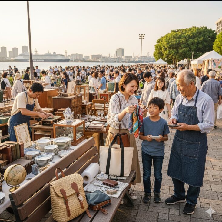 イベント広場で開催されている大規模な屋外アンティーク・蚤の市の様子