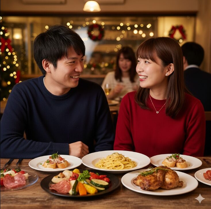 クリスマスプランを楽しむ日本人カップル