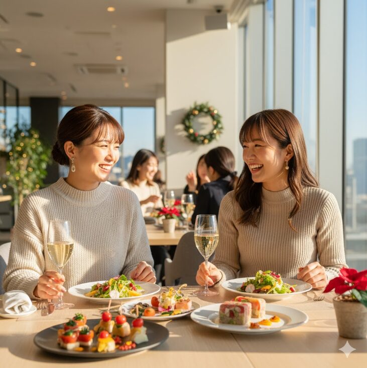 クリスマス限定のランチコースを楽しむ2人の日本人女性