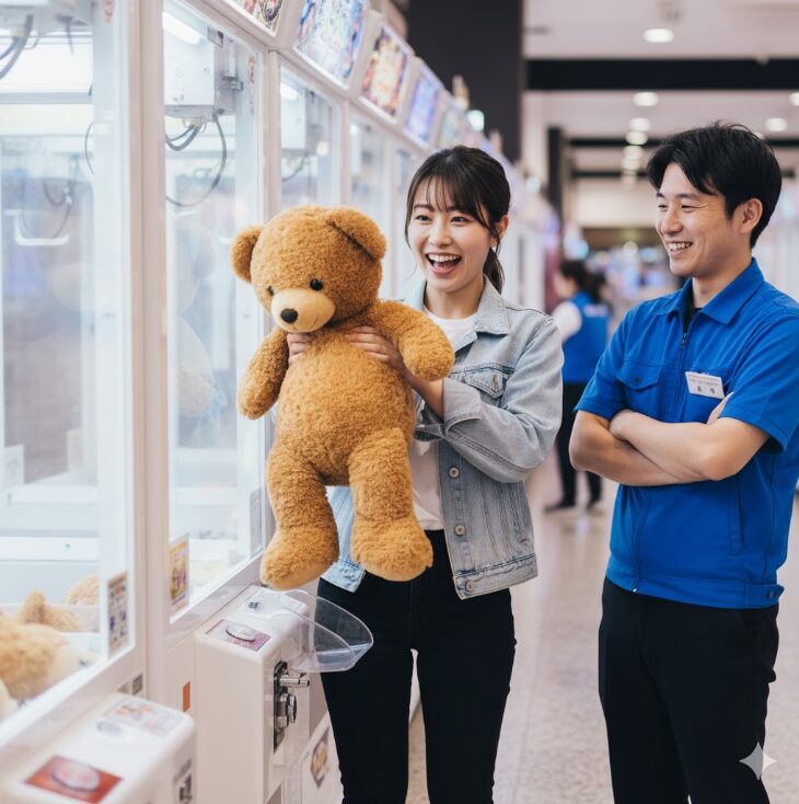 クレーンゲームで景品を獲得し、嬉しそうな表情を浮かべる日本人女性初心者と、それを見守る店員。