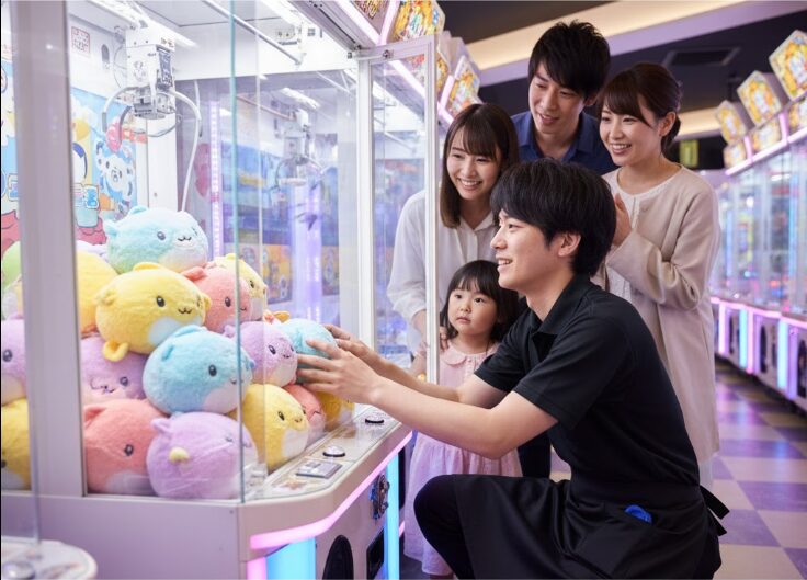 クレーンゲームの景品が取りやすいように置き直す優しい表情の日本人店員と、それを見ている客。