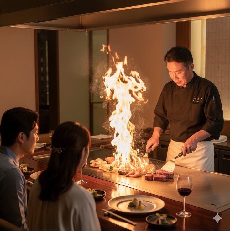 シェフが目の前の大きな鉄板で和牛と魚介を調理している様子。