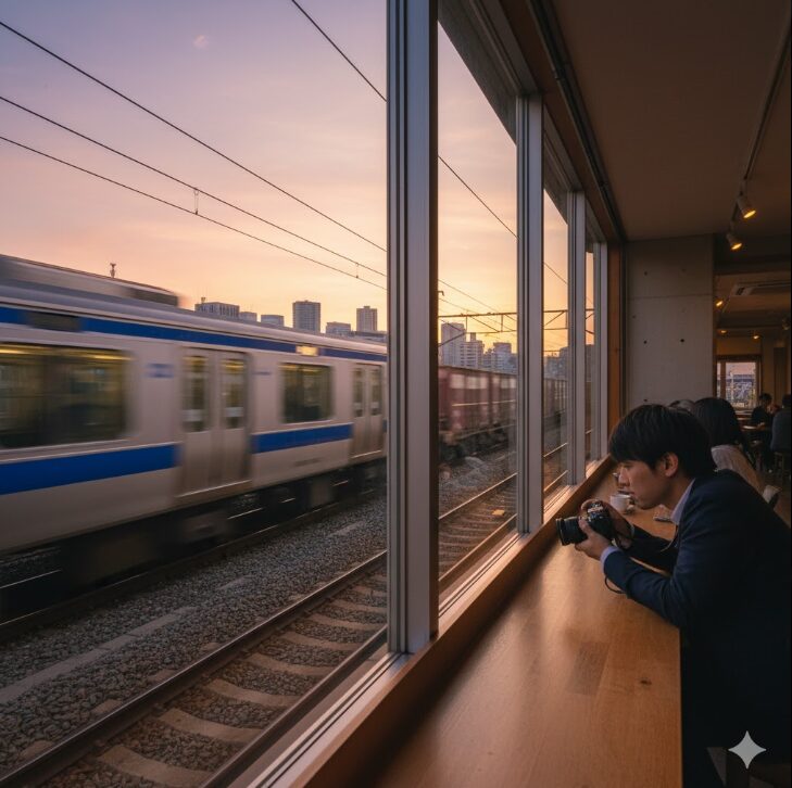 シャララカフェの窓から外を走る電車を眺める男性客
