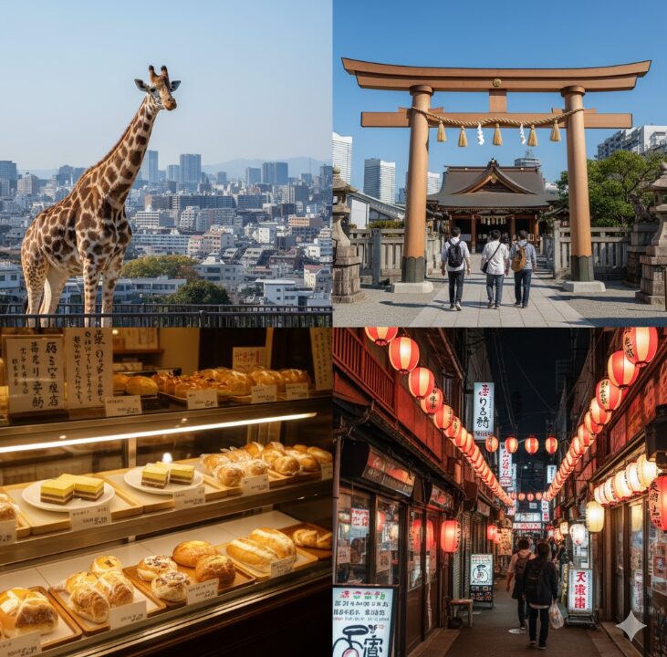 横浜にぎわい座周辺の観光スポットとグルメを多角的に示すモンタージュ画像