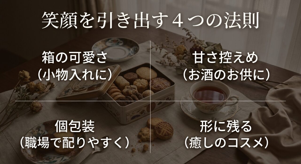 笑顔を引き出す4つの法則として、箱の可愛さ、甘さ控えめ、個包装、形に残ることを紹介