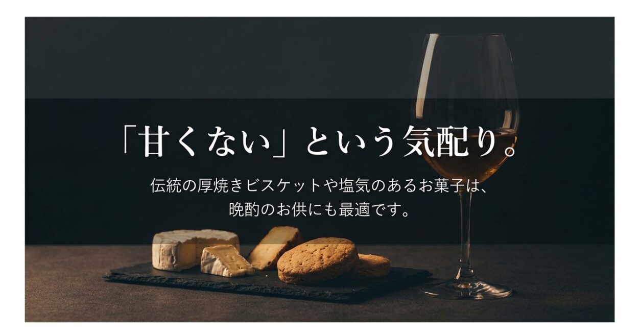 甘くないという気配りがあり、晩酌のお供にも最適な伝統の厚焼きビスケットや塩気のあるお菓子