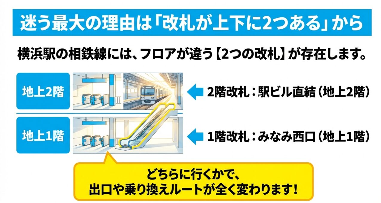 横浜駅相鉄線の地上1階改札（みなみ西口）と地上2階改札（駅ビル直結）の構造イメージ