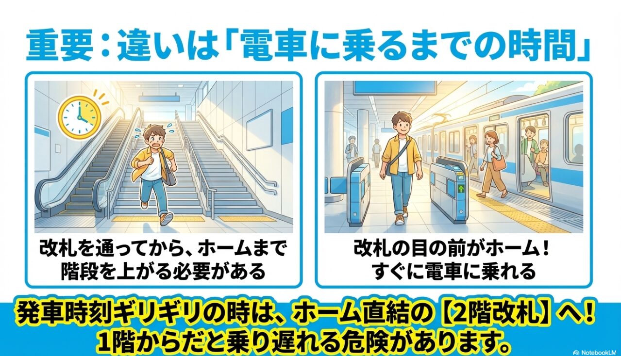 相鉄線1階改札（階段を上がる必要がある）と2階改札（ホーム直結）の電車に乗るまでの時間の違い