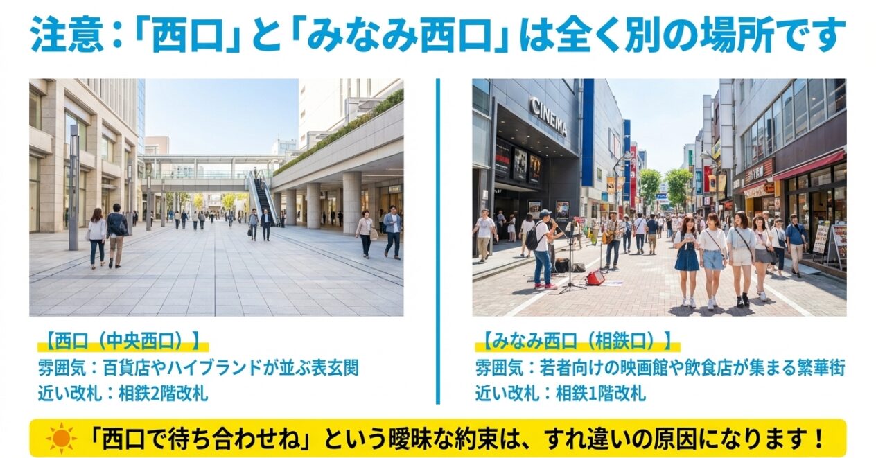 百貨店が並ぶ横浜駅西口（中央西口）と繁華街のみなみ西口（相鉄口）の雰囲気の違い