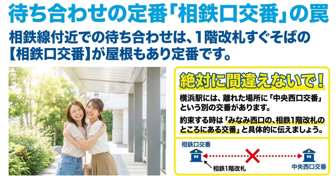 相鉄1階改札付近の相鉄口交番と、離れた場所にある中央西口交番の待ち合わせ時の注意点