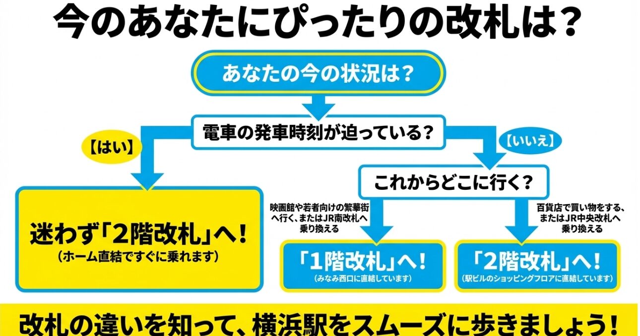 時間や目的地に合わせて1階改札か2階改札かを選ぶフローチャート