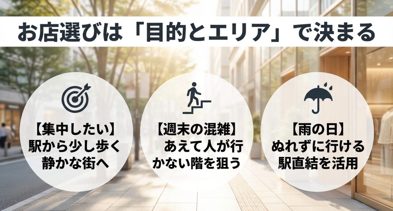 カフェの選び方は目的とエリアで決まる。集中したい西側、週末の東側、雨の日の駅直結