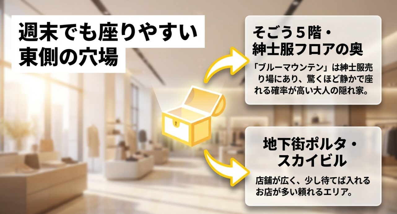 末でも座りやすい横浜駅東口の穴場カフェ。そごう5階ブルーマウンテンやポルタ・スカイビル