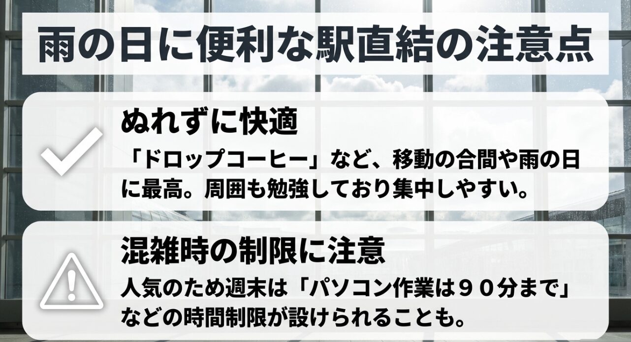 雨の日に便利な駅直結カフェの注意点。ドロップコーヒーなどの快適な環境と混雑時の時間制限について