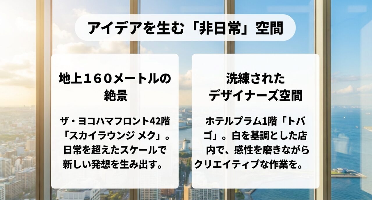 アイデアを生む非日常空間。ザ・ヨコハマフロントのスカイラウンジメクやホテルプラムのトバゴ