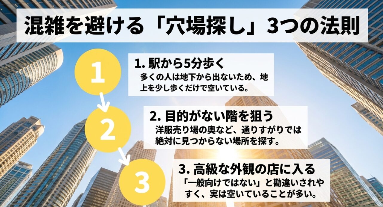 混雑を避ける穴場カフェ探しの3つの法則。駅から5分歩く、目的がない階を狙う、高級な外観の店に入る