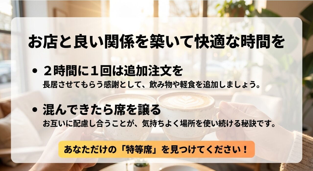 カフェと良い関係を築くマナー。2時間に1回の追加注文や混雑時の配慮について