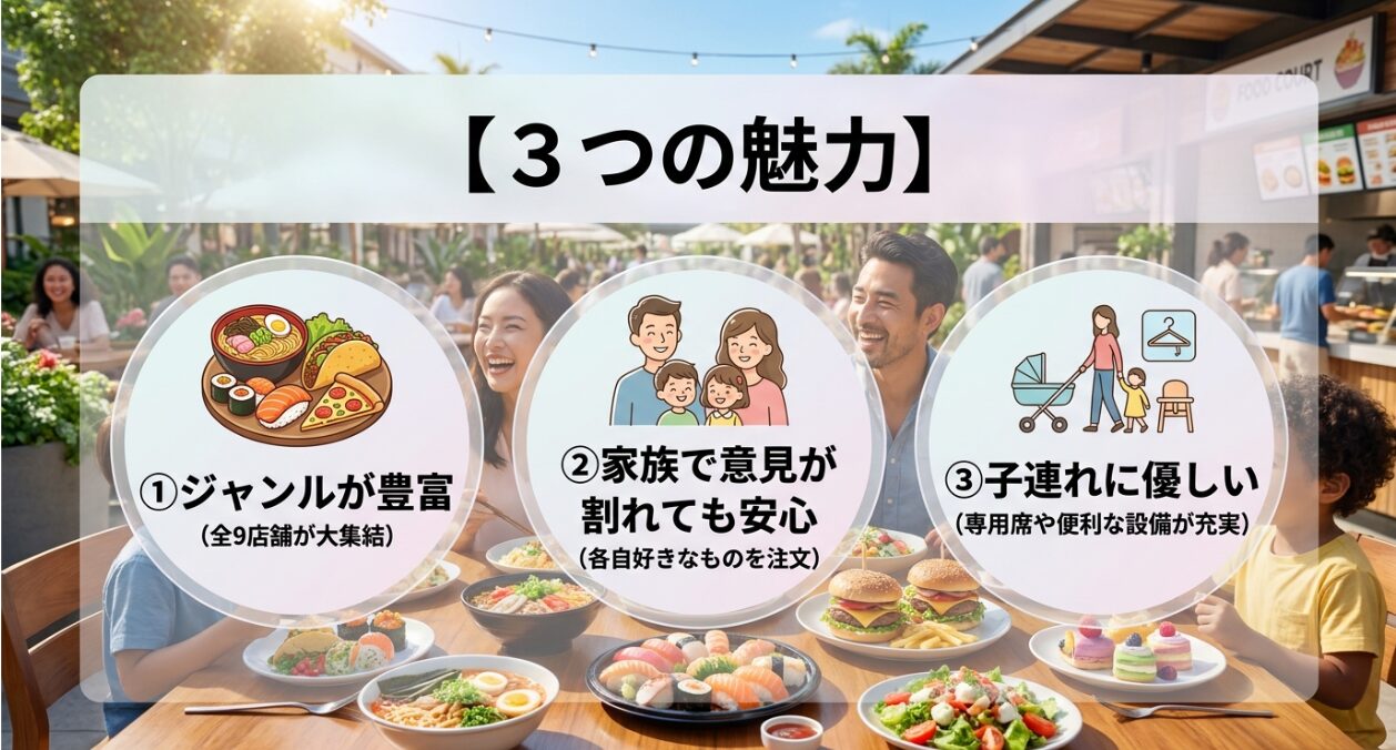 ゆめが丘ソラトスフードコートの魅力(ジャンルが豊富・家族で意見が割れても安心・子連れに優しい)