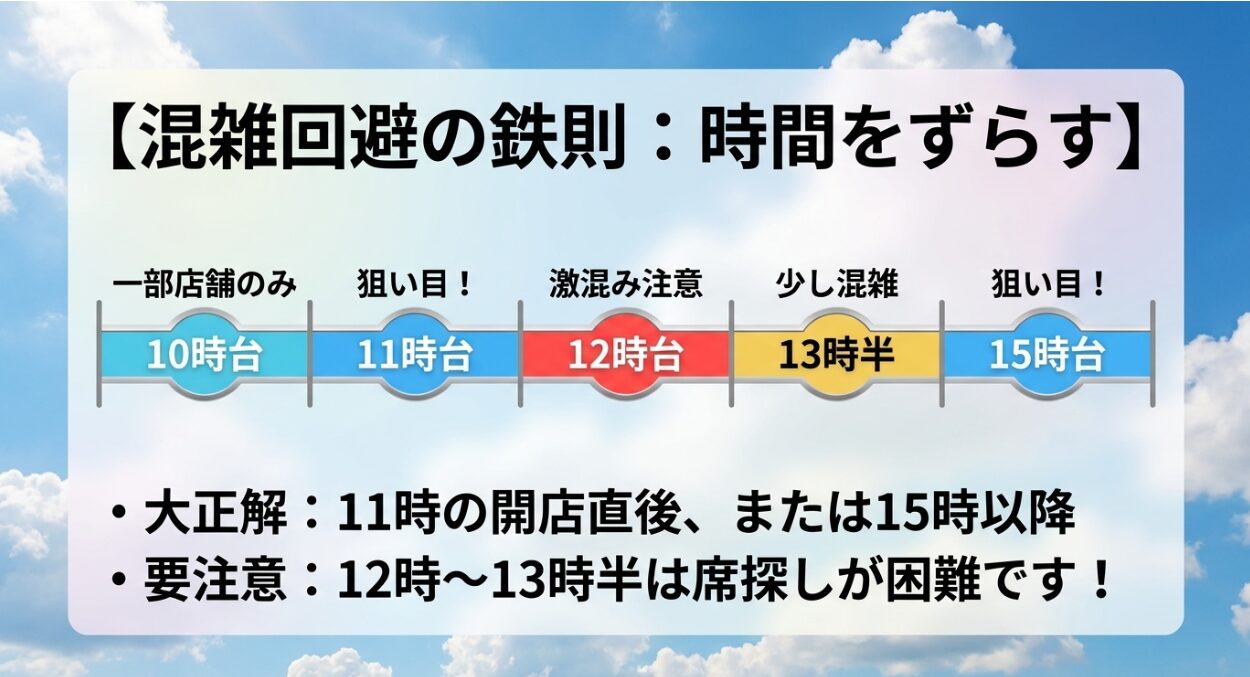 ゆめが丘ソラトスフードコートの混雑回避タイムテーブル(11時台・15時台が狙い目、12〜13時半は混雑注意)