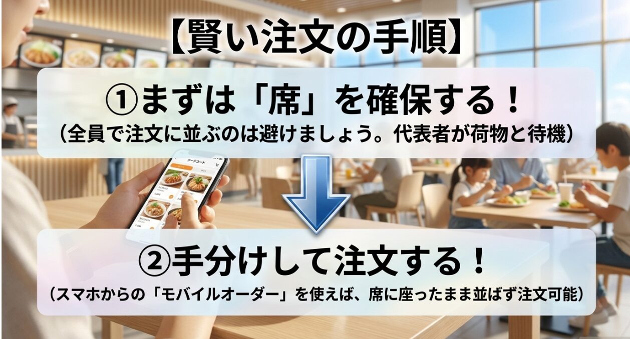 フードコートでの賢い注文手順(まずは席を確保し、モバイルオーダー等で手分けして注文する)