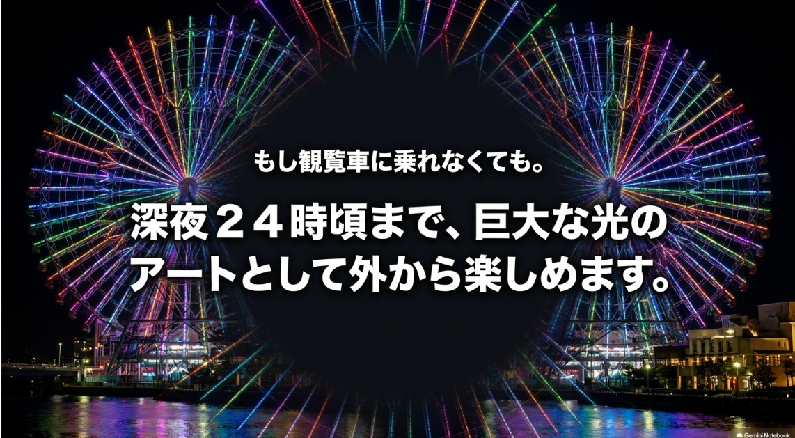 観覧車に乗れなくても深夜24時頃まで巨大な光のアートとして楽しめる