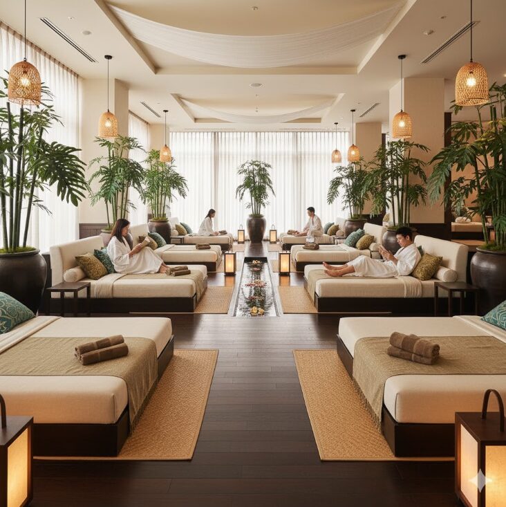 スパ･リブール ヨコハマやRAKU SPA 鶴見などをイメージした、リラックスできるバリ風またはアジアンリゾート風の広々としたリラックスラウンジ。