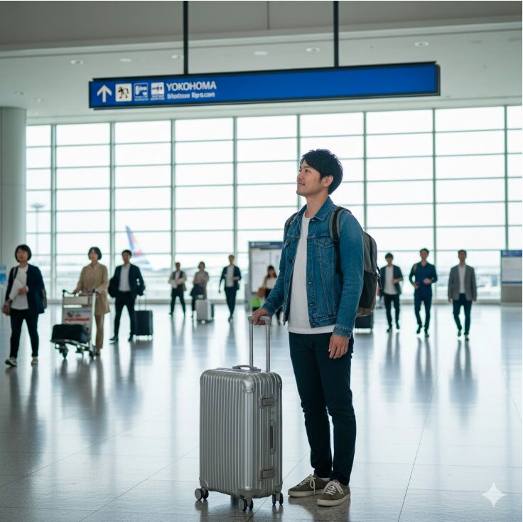 スーツケースを持った旅行者（日本人）が横浜方面の案内標識を見て安心している様