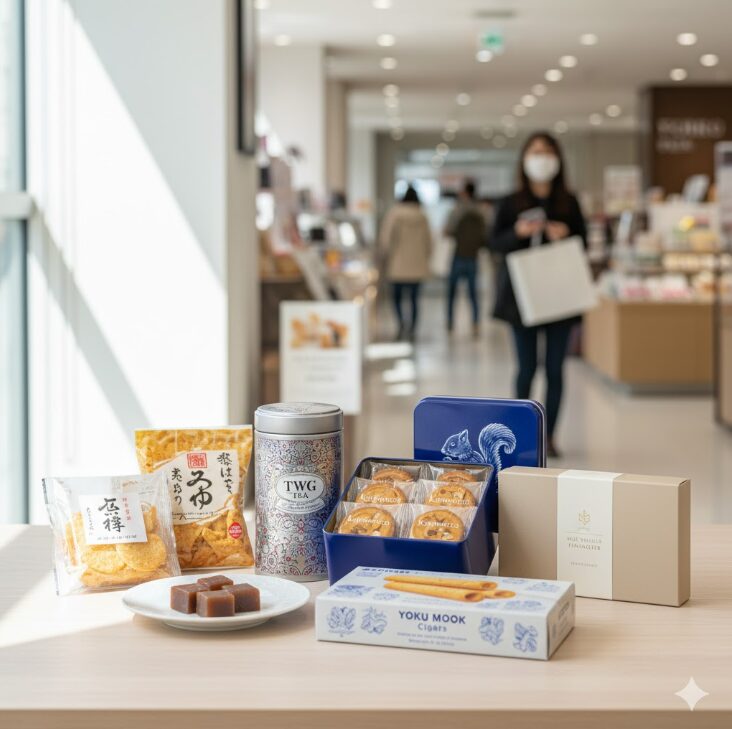 デパートの手土産コーナーで、TWG Teaの紅茶缶、ヨックモックのシガール、とらやの羊羹、坂角総本舖のさくさく日記など、日持ちする様々なお菓子がテーブルに並べられている様子。