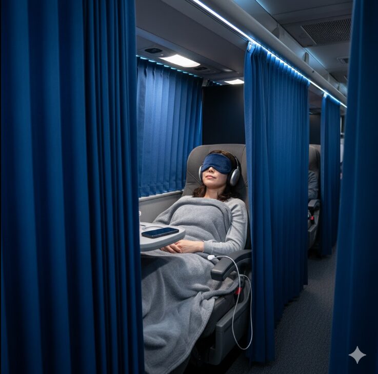 プライベートカーテンを閉めてリラックスしている日本人女性。2